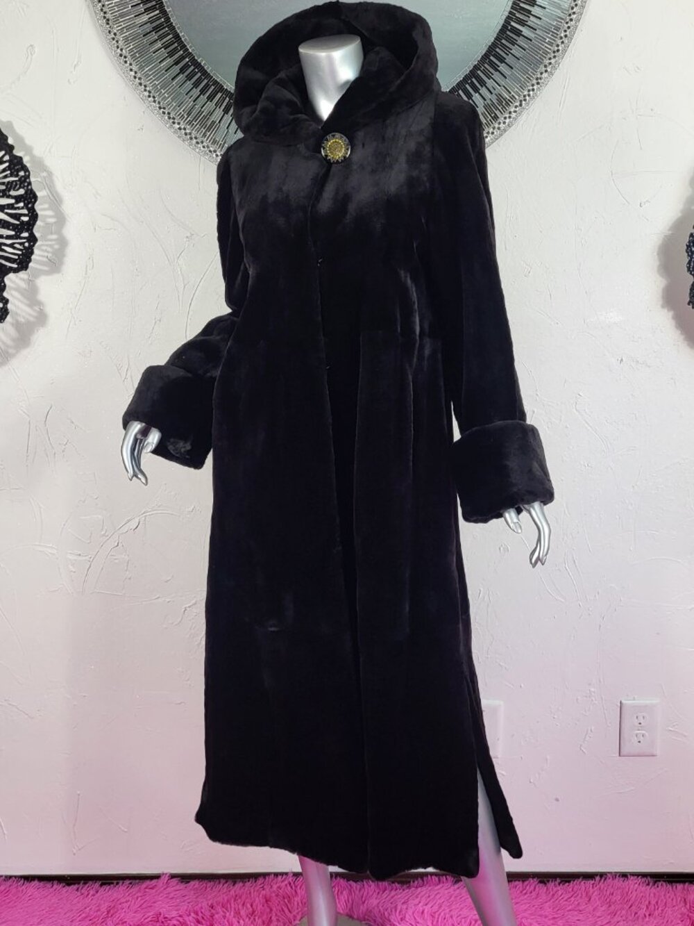 HENIG~M/L~VINTAGE HOODED SHEARED BLACK GENUINE REAL FULL LENGTH MINK FUR COAT